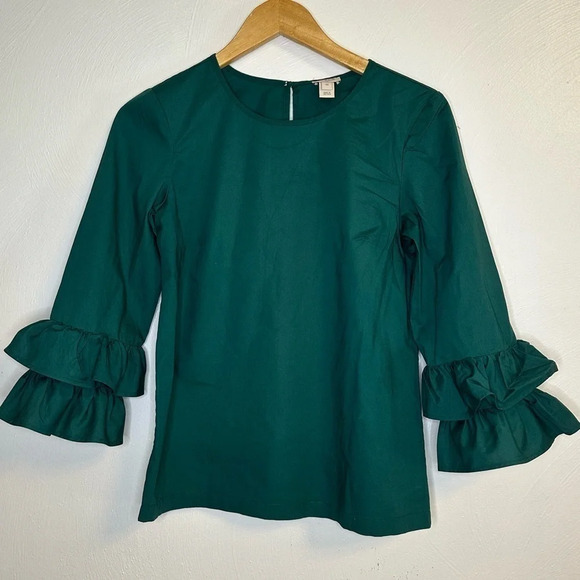 J Crew Blouse Womens 6 3/4 Bell Sleeve Crew Neck Casual Green Stretch Cotton - Picture 1 of 13